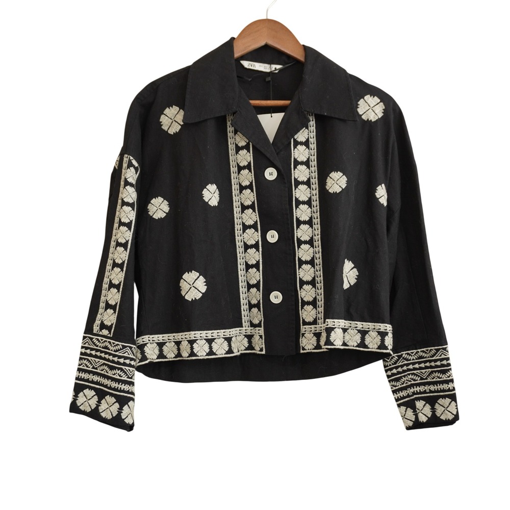 Zara Black Cropped Embroidered Button-Up Jacket with Cream Accents